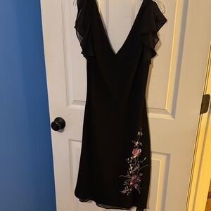 Dress Barn Black V-Neck Midi Dress with Floral Embroidery
